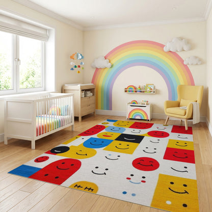 Playful Geometric Smiling Faces Rug