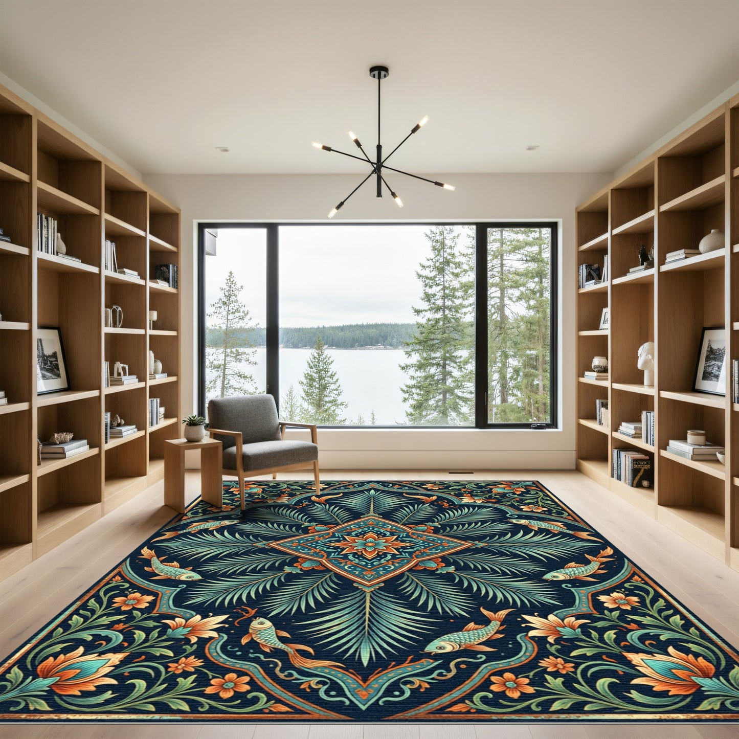 Ornate Teal and Copper Botanical Fish Rug