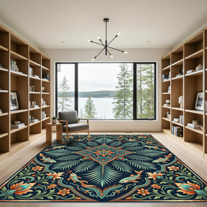 Ornate Teal and Copper Botanical Fish Rug