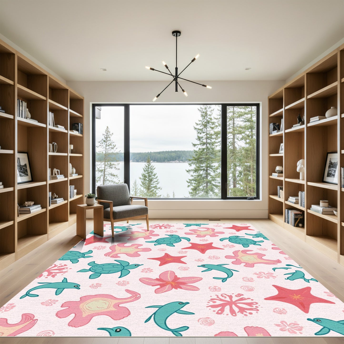Teal Turtle Dolphin Coral Starfish Pattern Rug