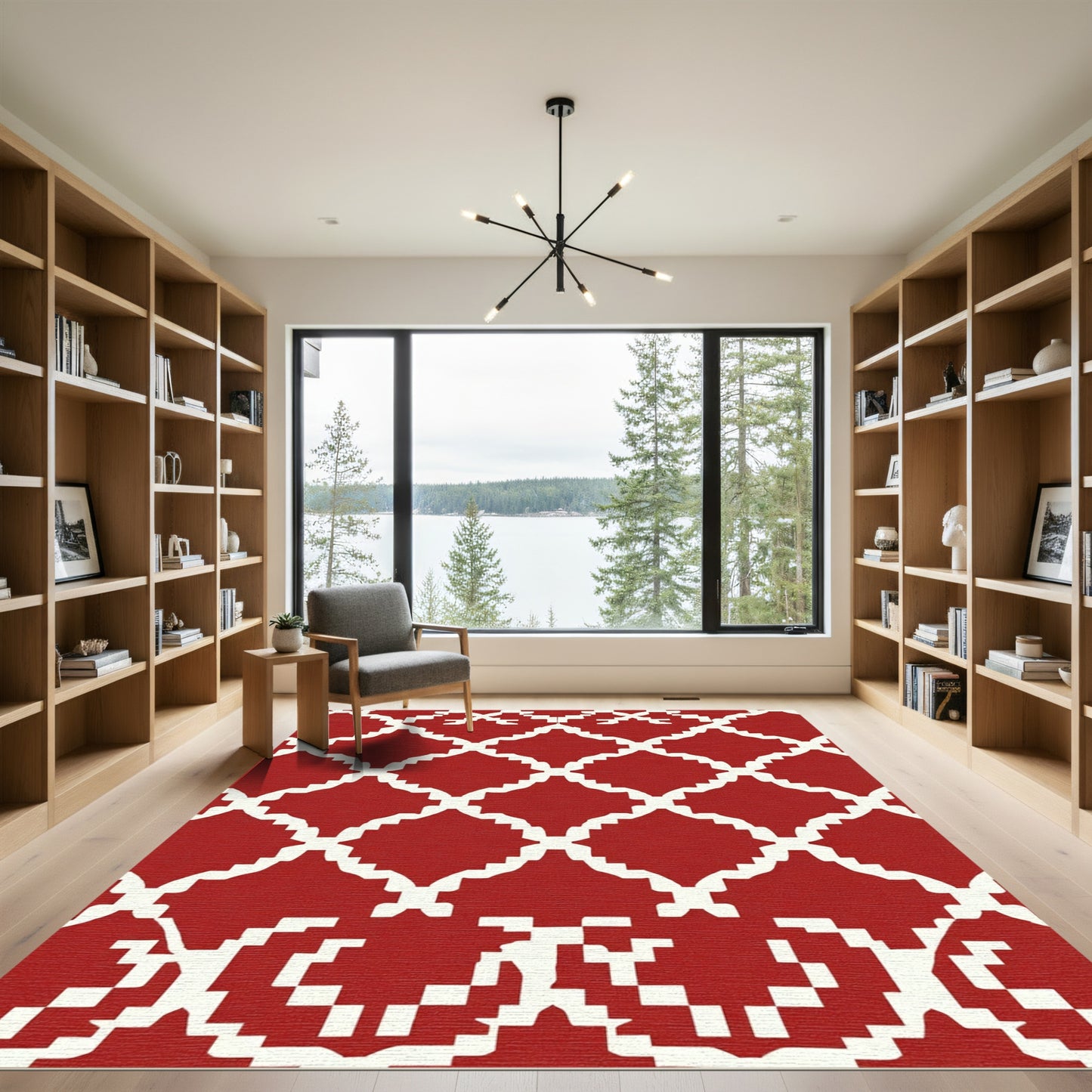 Crimson Lattice Arabesque Geometric Rug