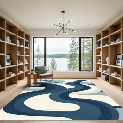Navy White Abstract Swirl Rug