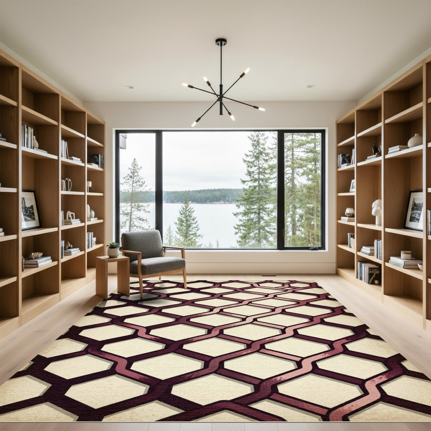 Modern Deep Burgundy Interlocking Geometric Rug