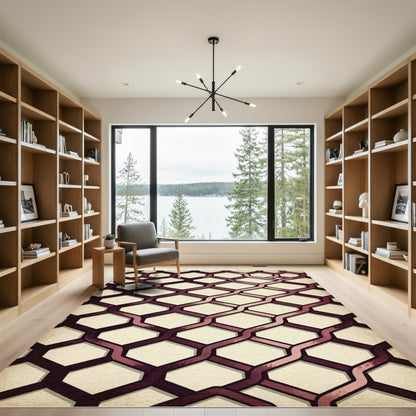 Modern Deep Burgundy Interlocking Geometric Rug