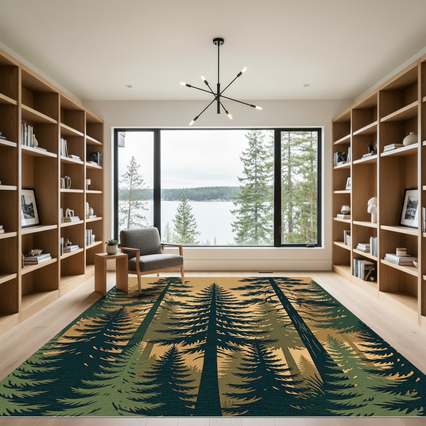 Earthy Forest Pine Silhouette Landscape Rug
