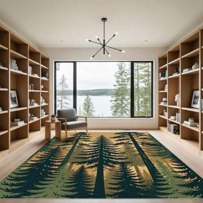 Earthy Forest Pine Silhouette Landscape Rug