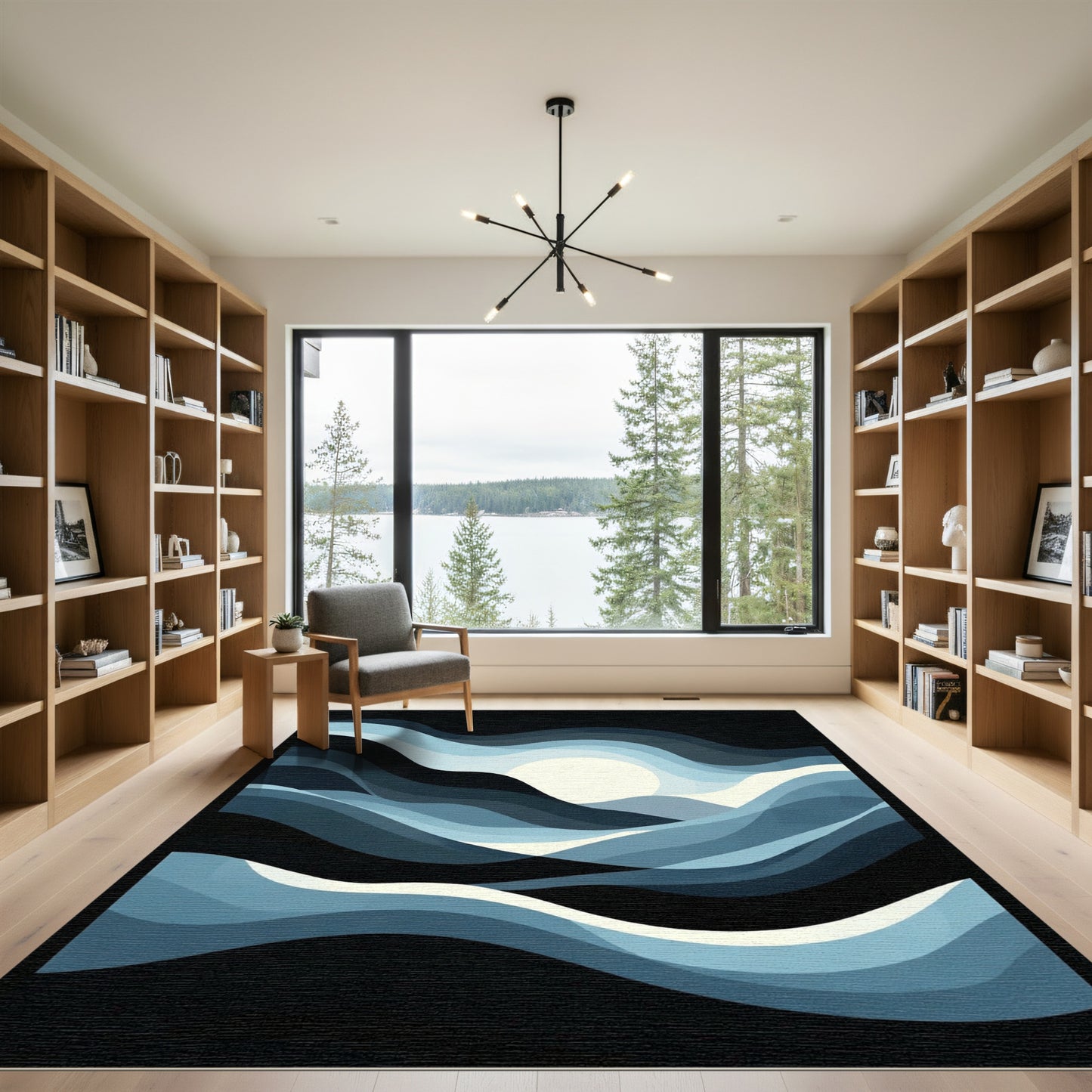 Dark Blue Abstract Waves Sun Rug