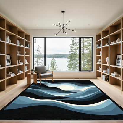 Dark Blue Abstract Waves Sun Rug