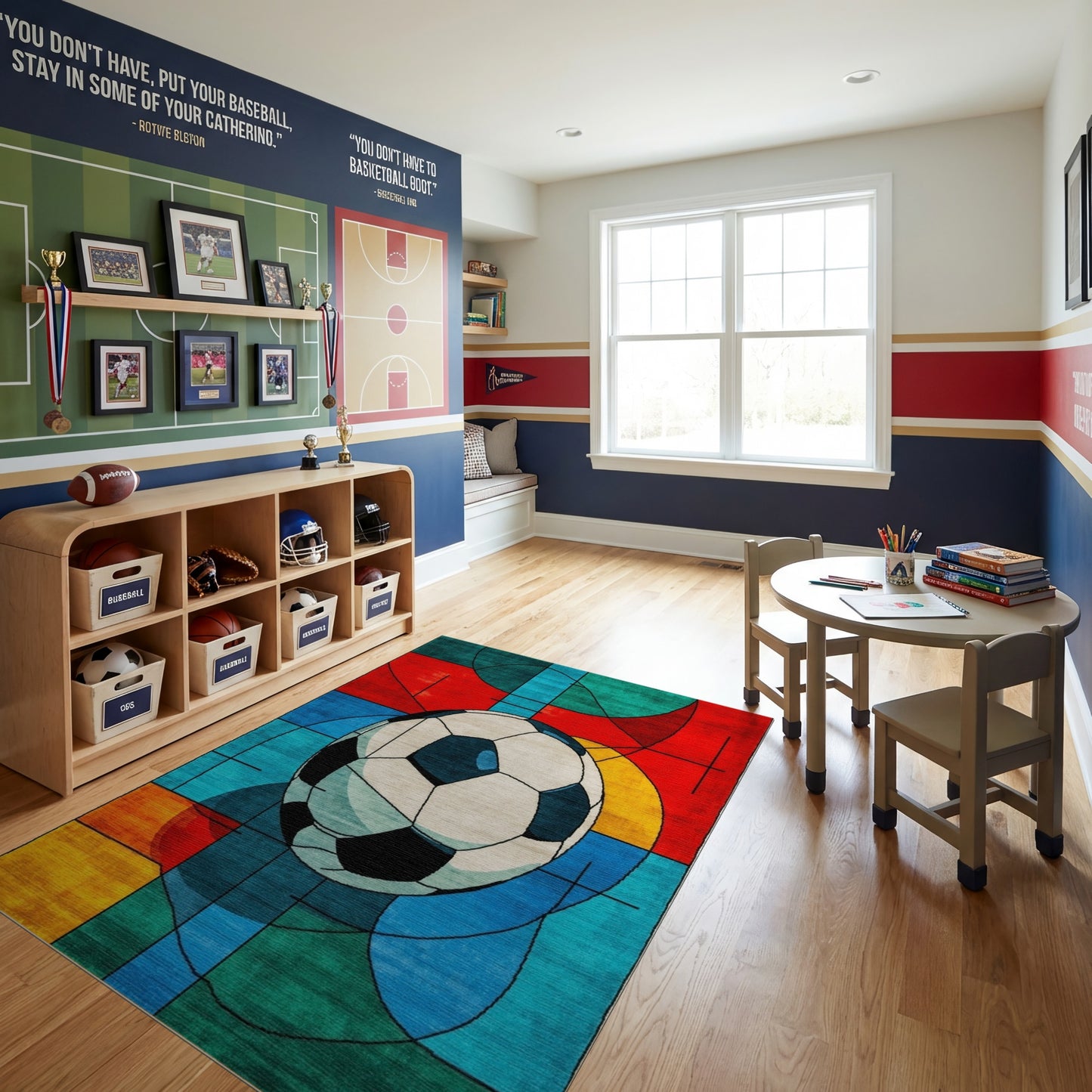 Vibrant Geometric Soccer Ball Rug