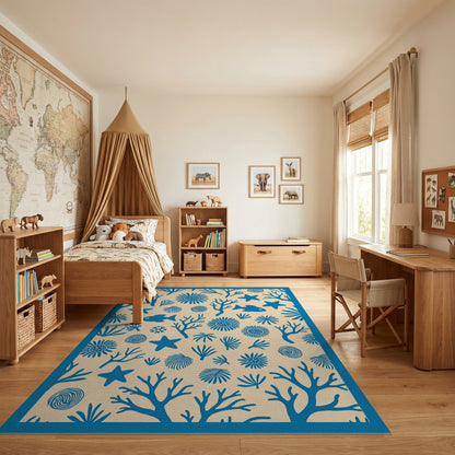 Whimsical Blue Coral Starfish Seashell Rug