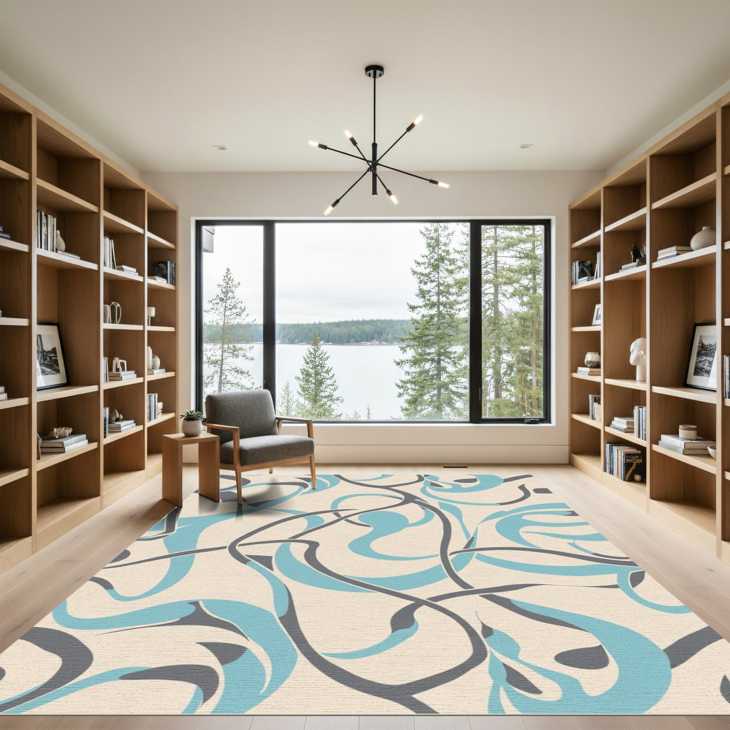 Beige Sky Blue Gray Curvy Swirls Rug