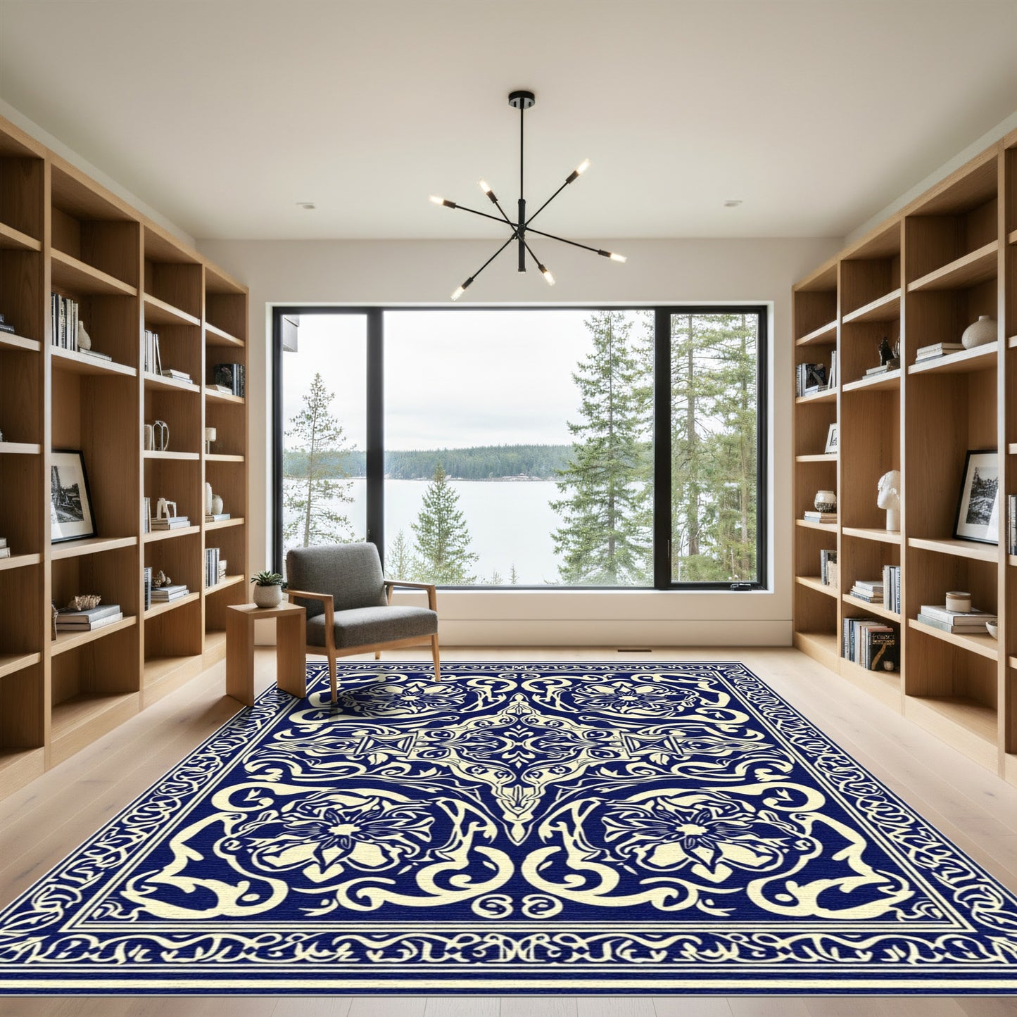 Navy Cream Elaborate Floral Scroll Rug