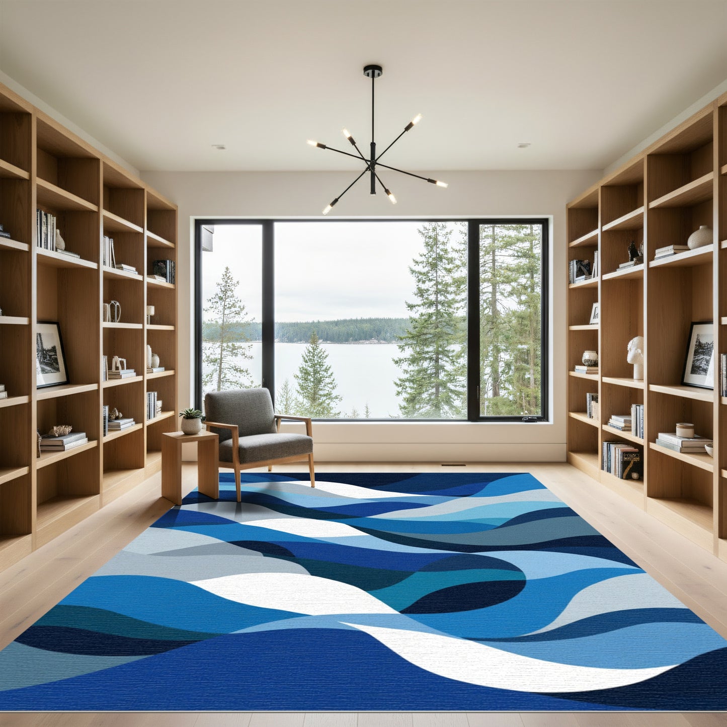 Deep Blue Wavy Organic Layers Rug