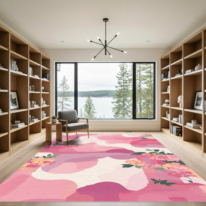 Sweet Pink Peony Floral Waves Rug