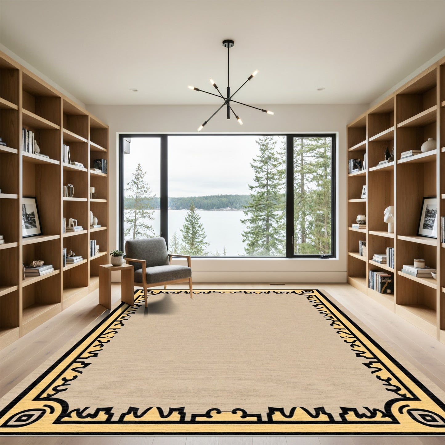 Retro Yellow Black Geometric Border Rug