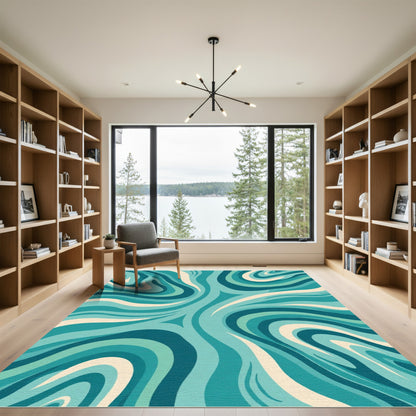 Aqua Teal Swirling Wave Rug