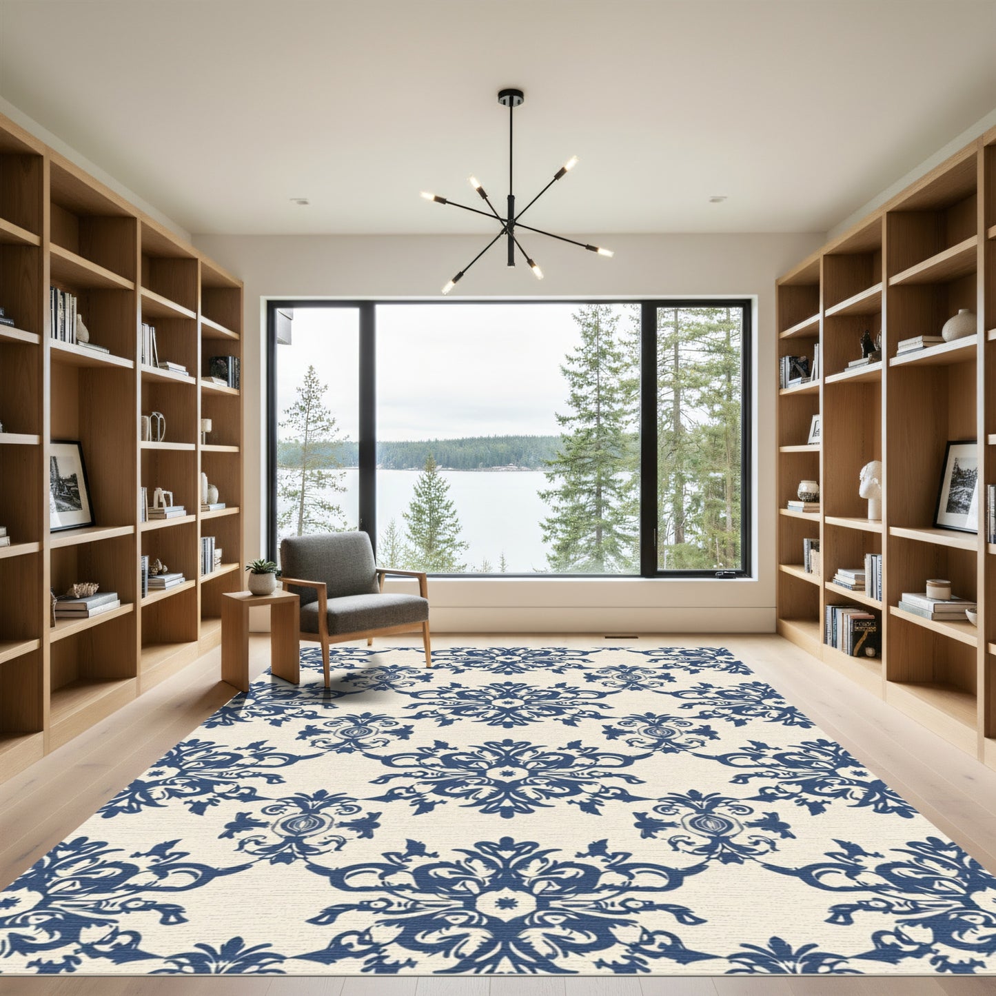 Deep Blue Classic Damask Medallion Rug