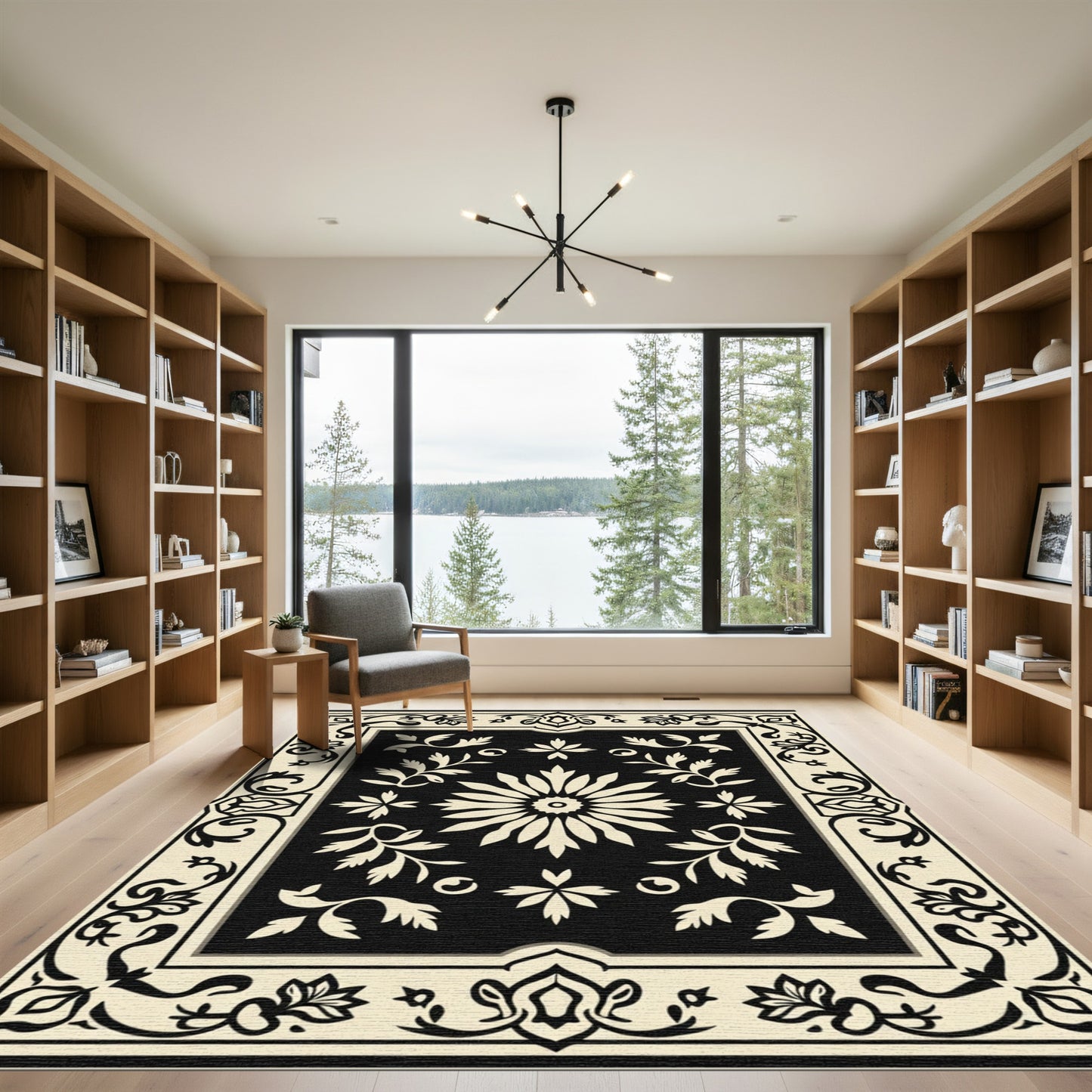 Cream Black Floral Medallion Border Rug