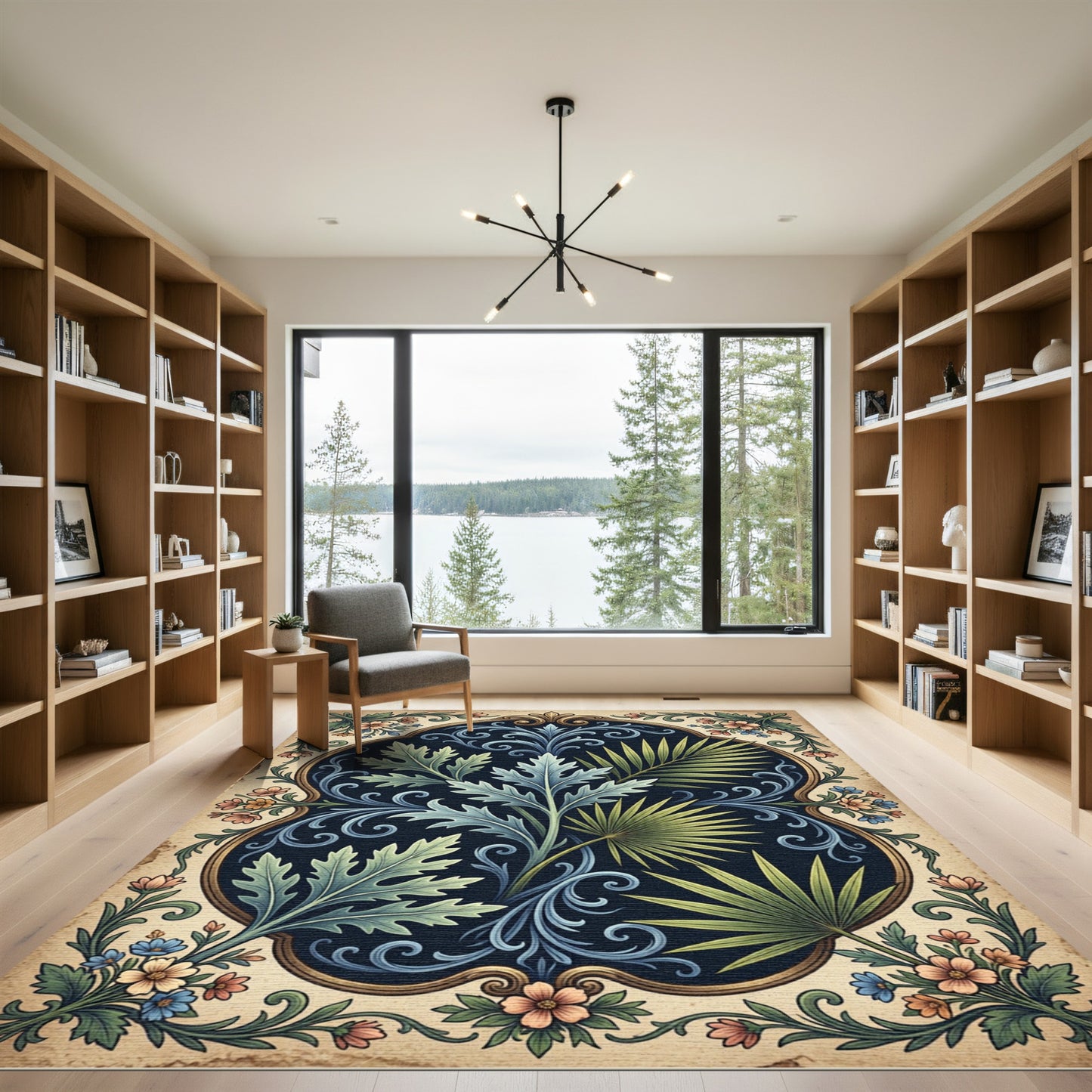 Vintage Botanical Scroll Navy Fern Rug