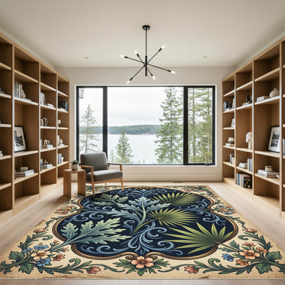Vintage Botanical Scroll Navy Fern Rug
