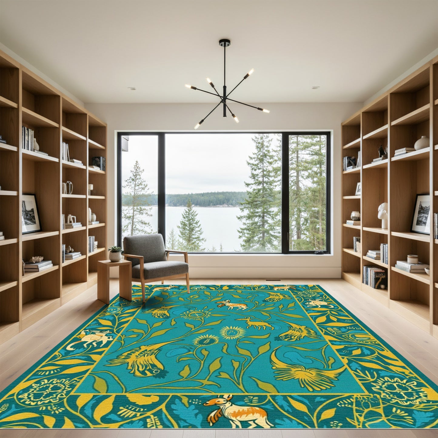 Teal Gold Woodland Creatures Garden Rug
