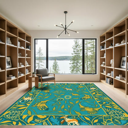 Teal Gold Woodland Creatures Garden Rug
