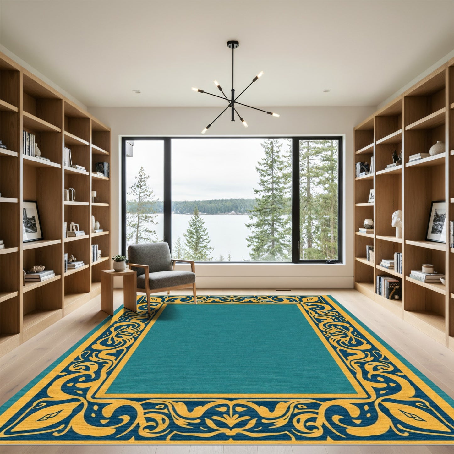 Gold Teal Ornate Scrollwork Border Rug