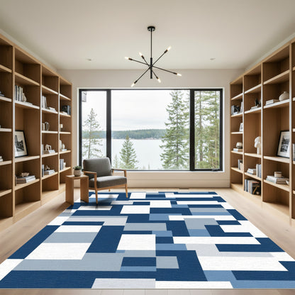 Modern Blue Abstract Geometric Blocks Rug