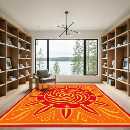 Fiery Sunburst Swirl Orange Red Rug