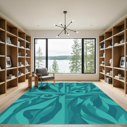 Teal Abstract Swirling Leaf Composition Rug