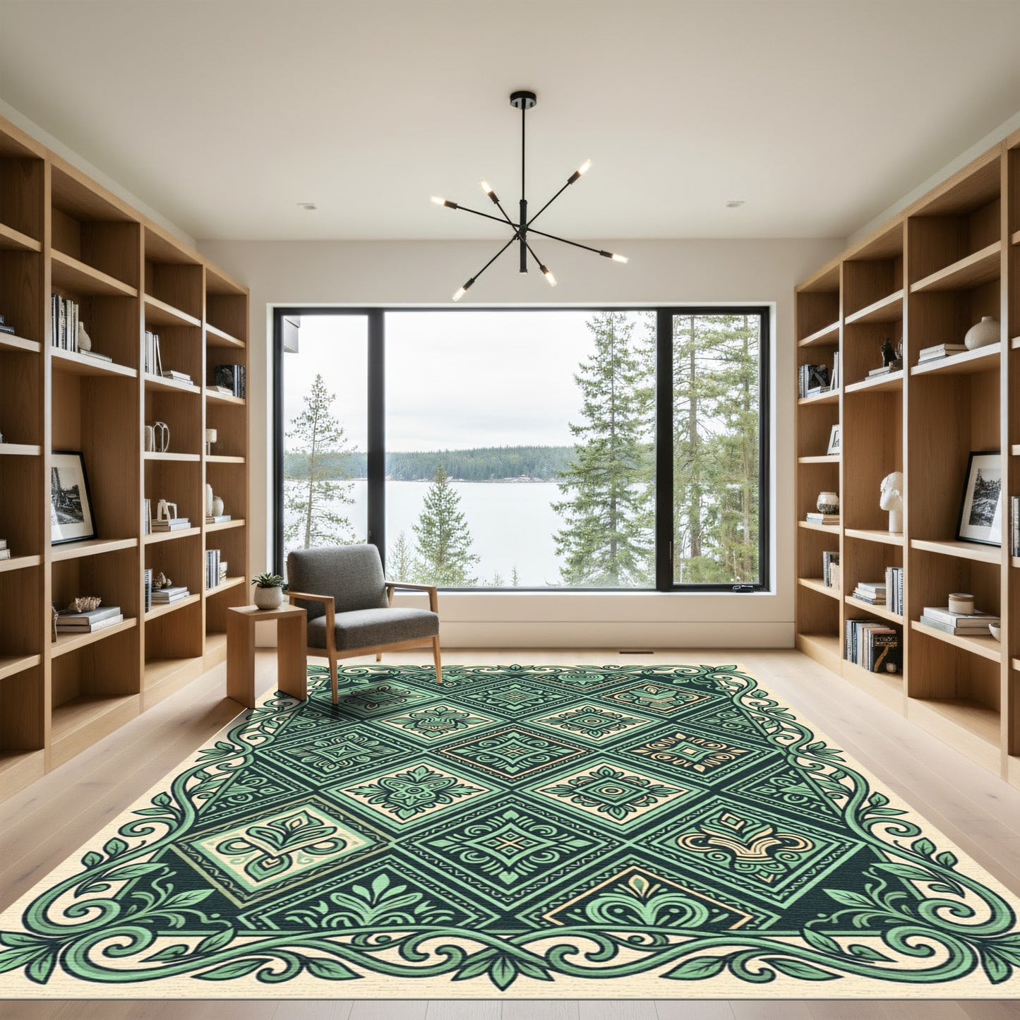 Emerald Verdant Geometric Foliage Tile Rug