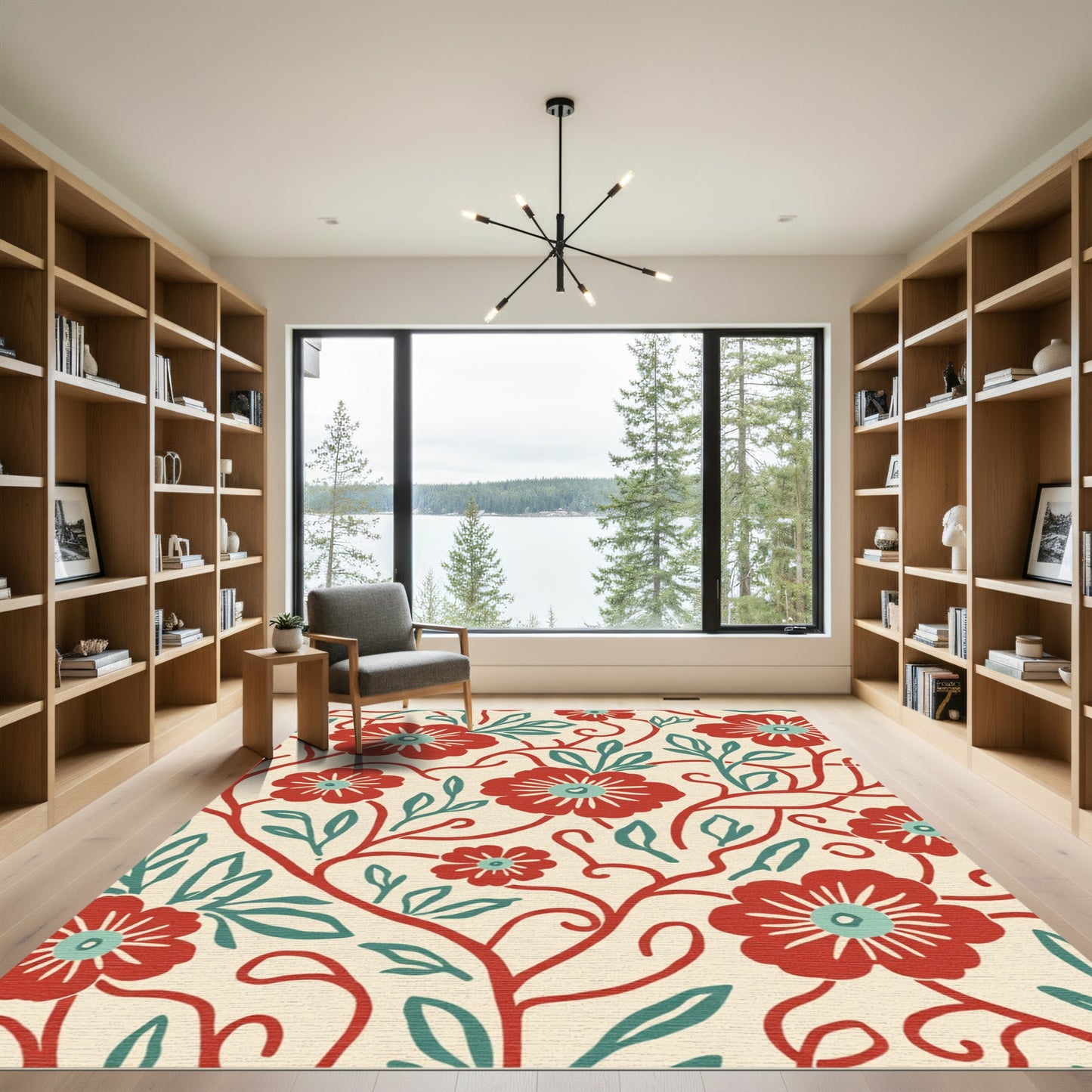 Red Floral Vines With Teal Accents Rug