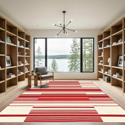 Modern Red Cream Stripe Composition Rug