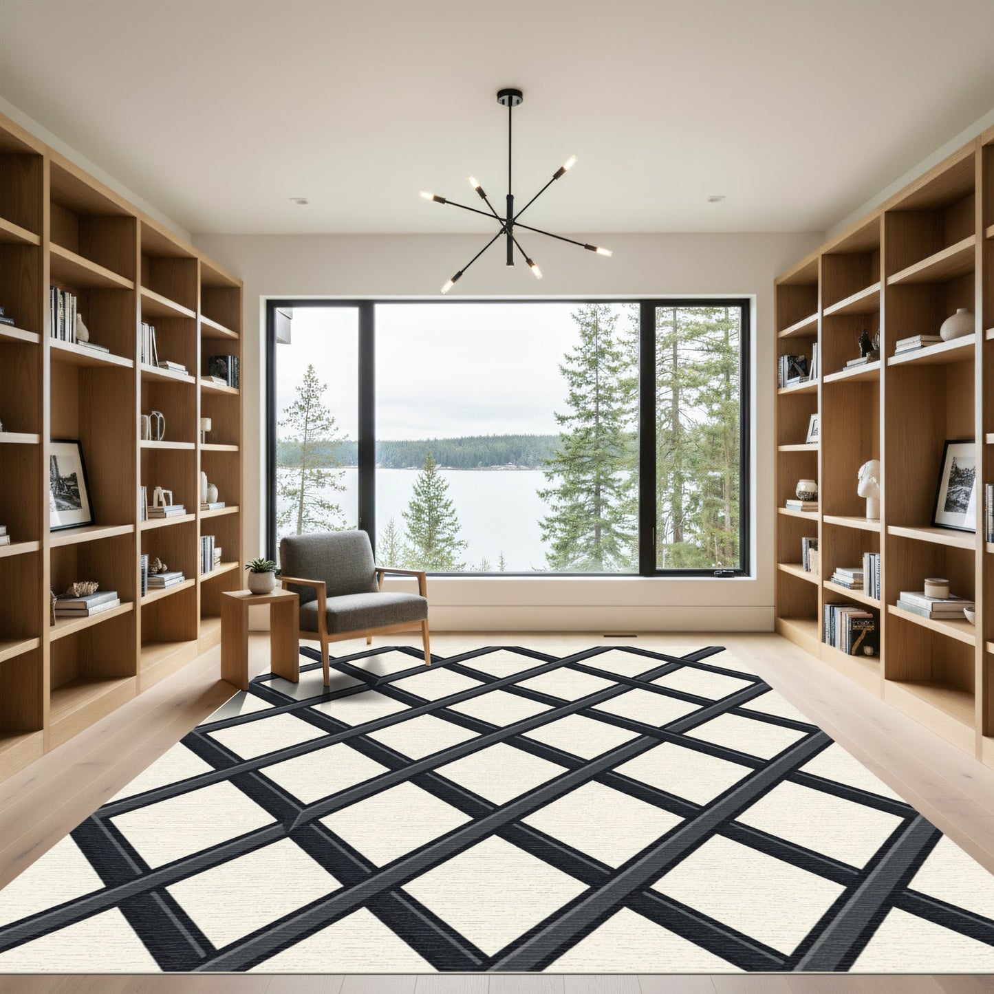 Minimalist Black and Cream Diamond Grid Rug