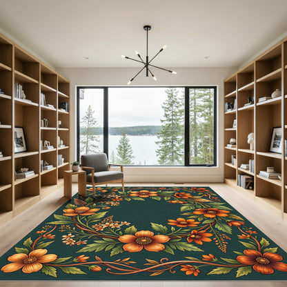Vibrant Orange Floral Garland Border Rug