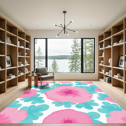 Pink Blue Floral Blossom Arrangement Rug