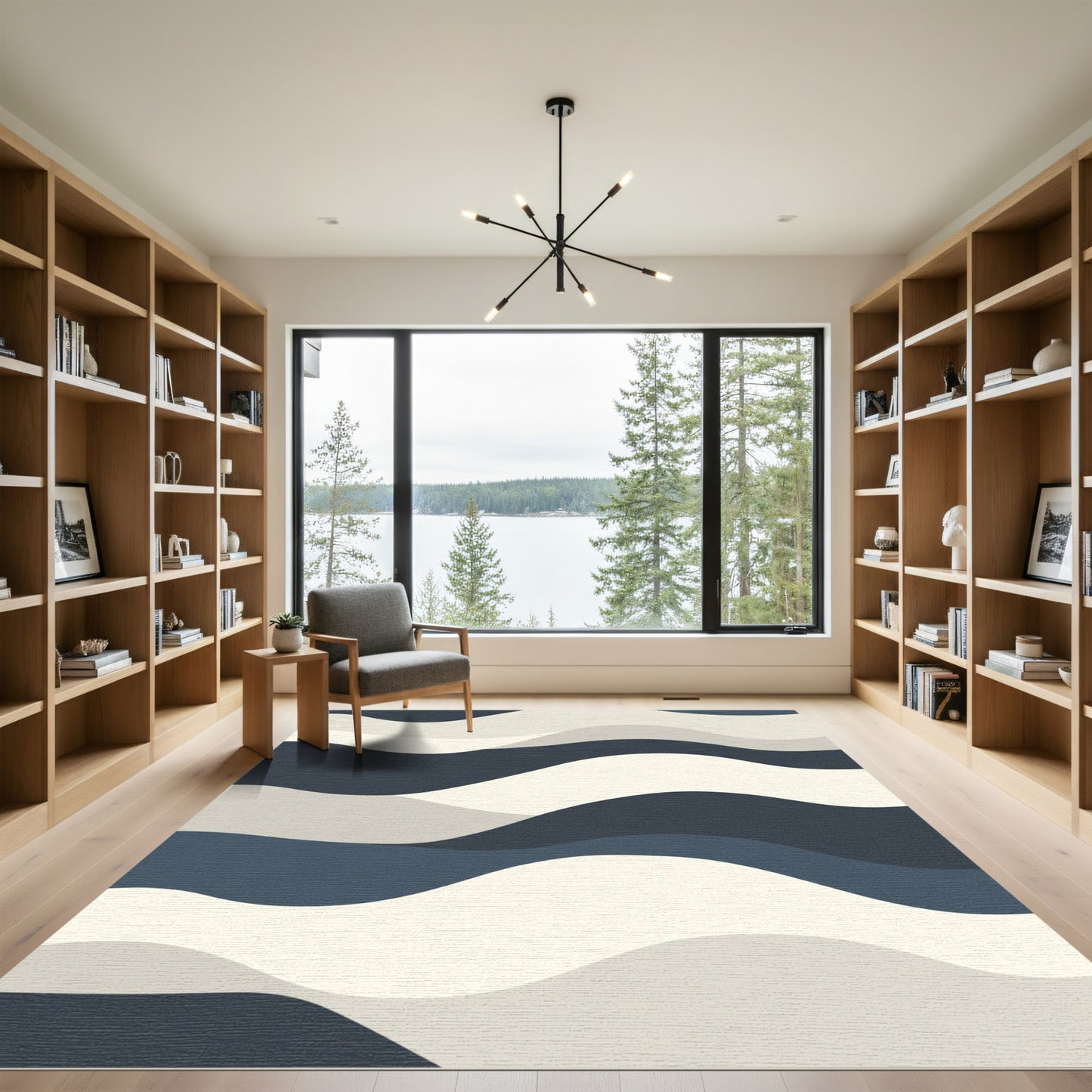 Deep Blue Cream Wavy Landscape Rug