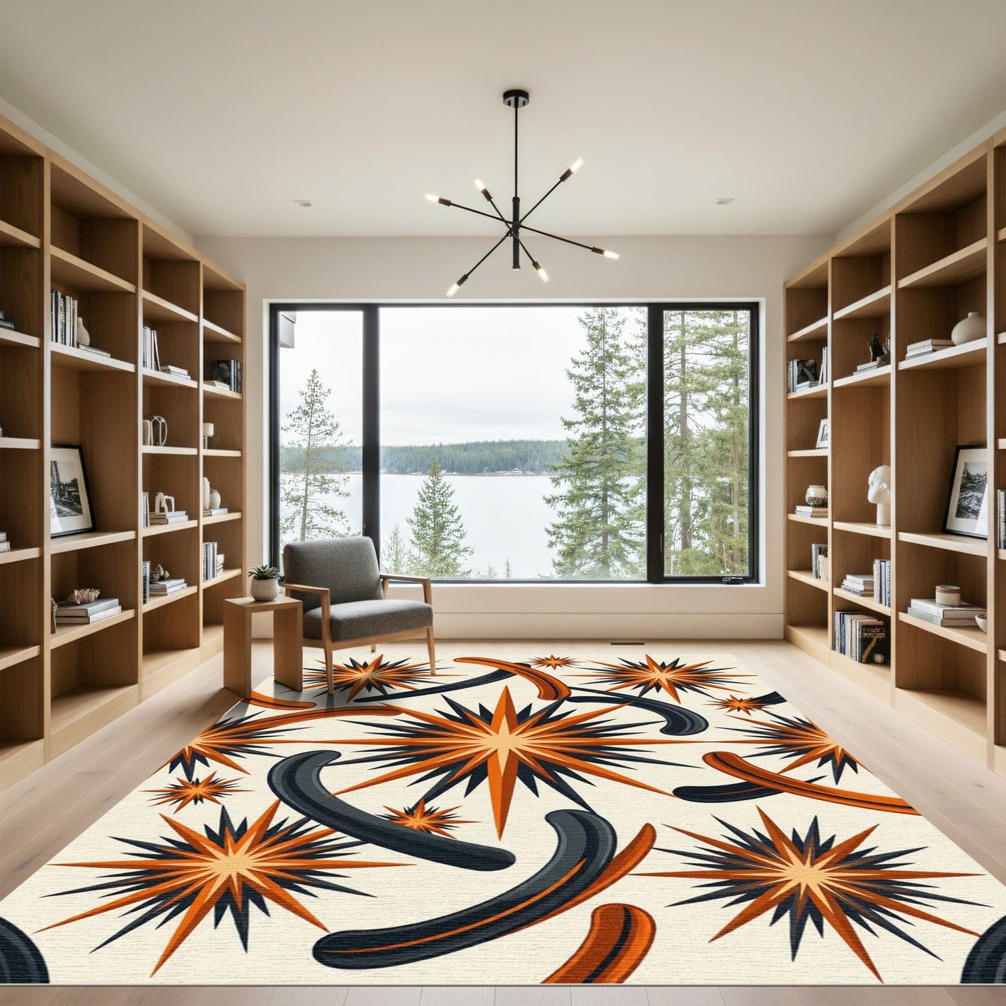 Mid-century Orange and Black Celestial Burst Rug