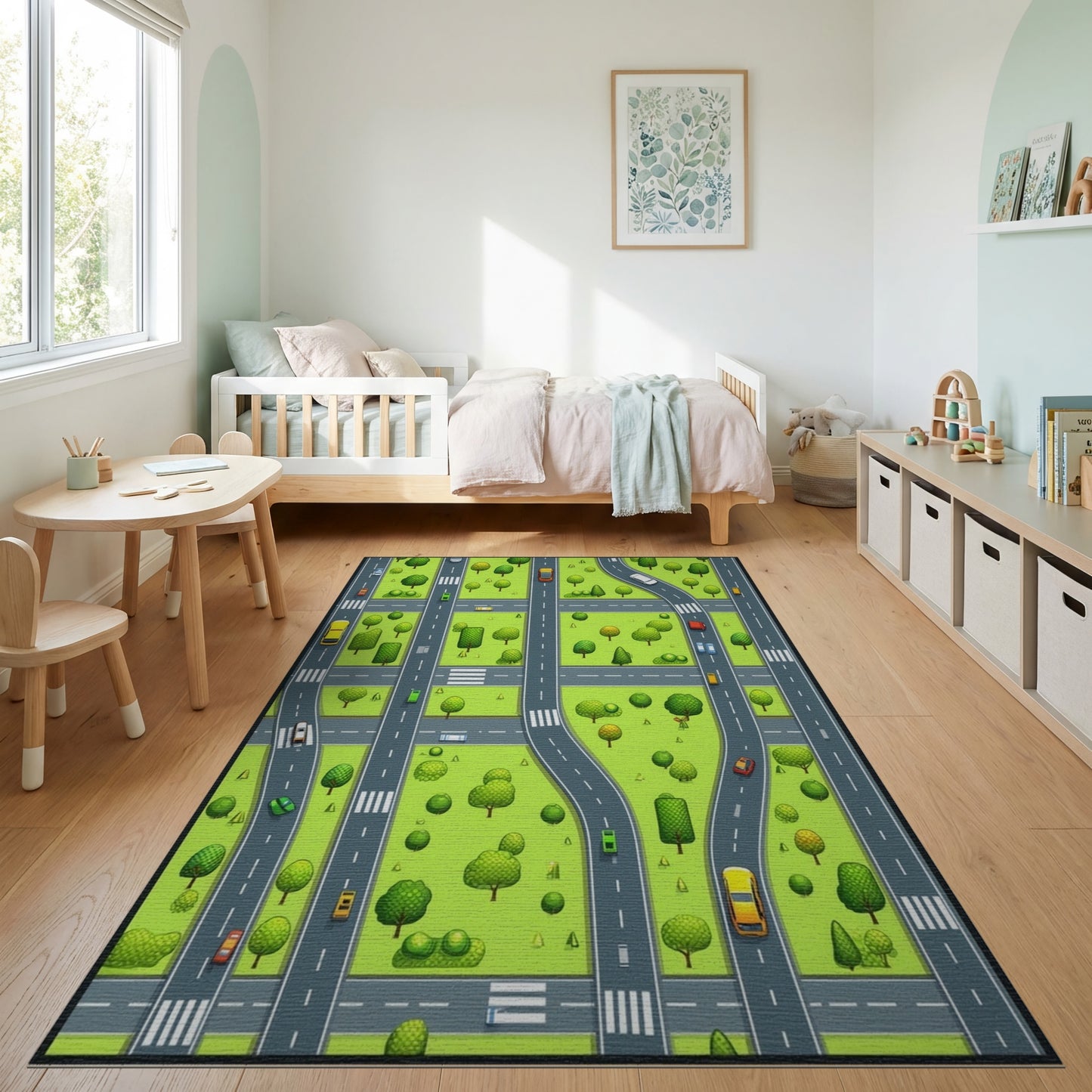 Vibrant City Roads Trees Cars Rug