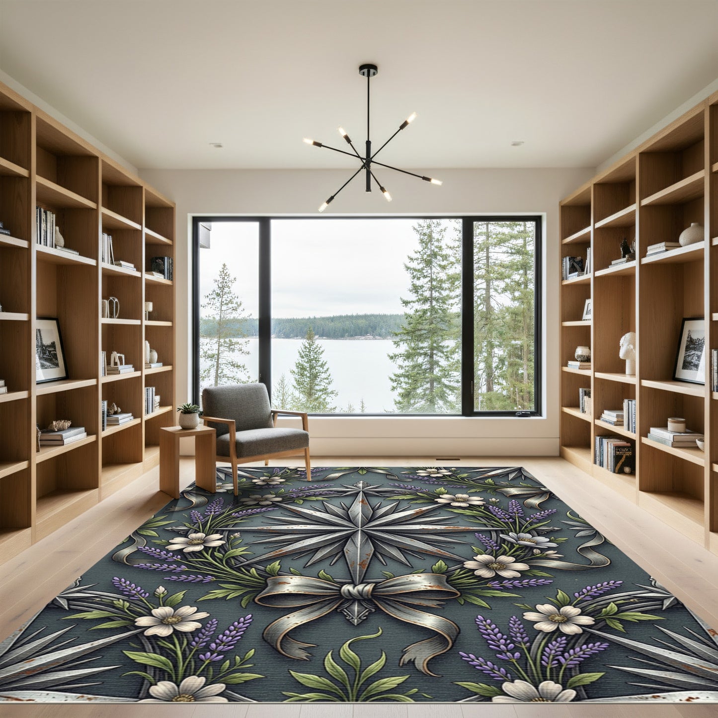 Rustic Silver Compass Lavender Floral Wreath Rug