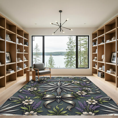 Rustic Silver Compass Lavender Floral Wreath Rug
