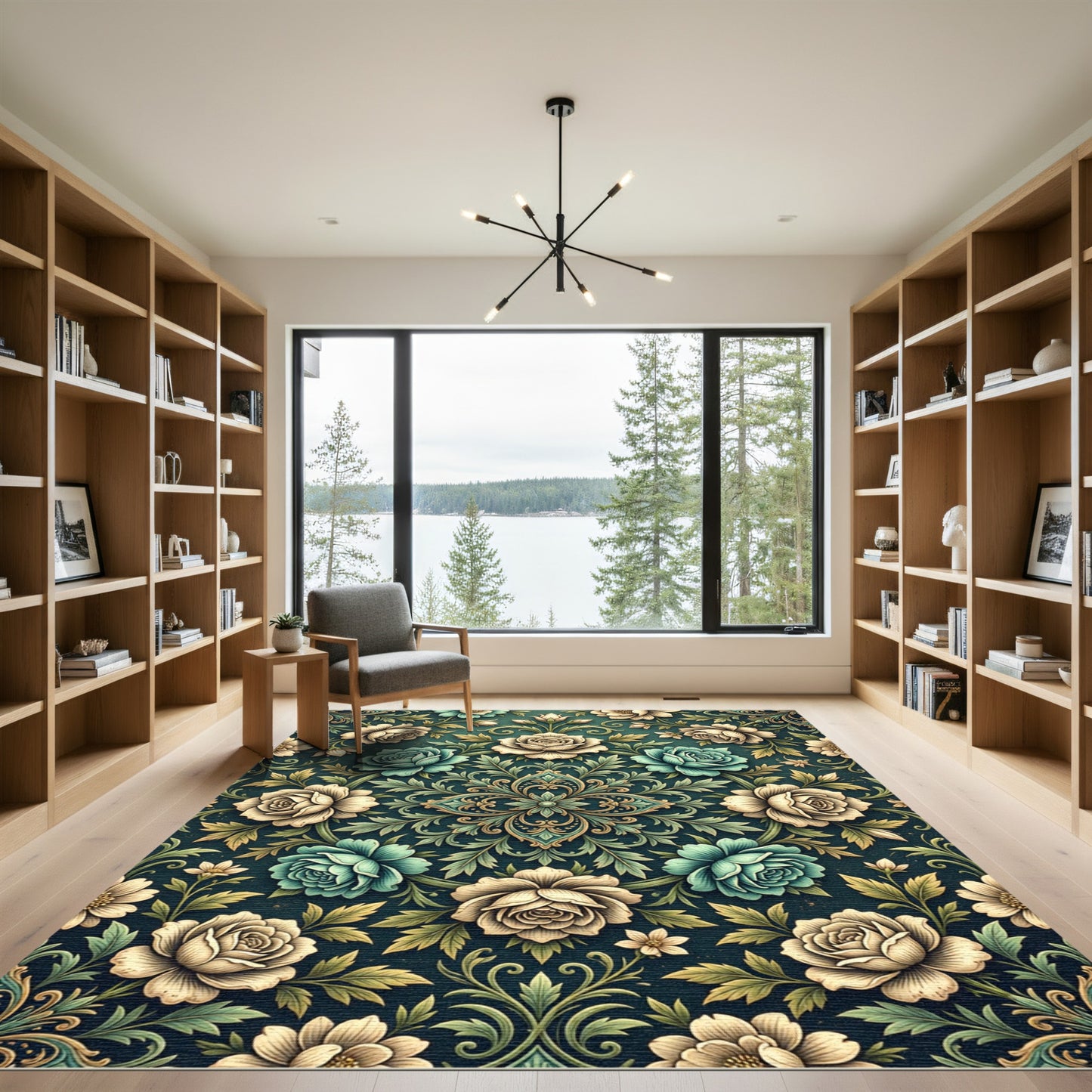 Vintage Teal and Beige Floral Medallion Rug