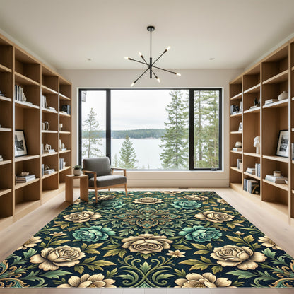 Vintage Teal and Beige Floral Medallion Rug