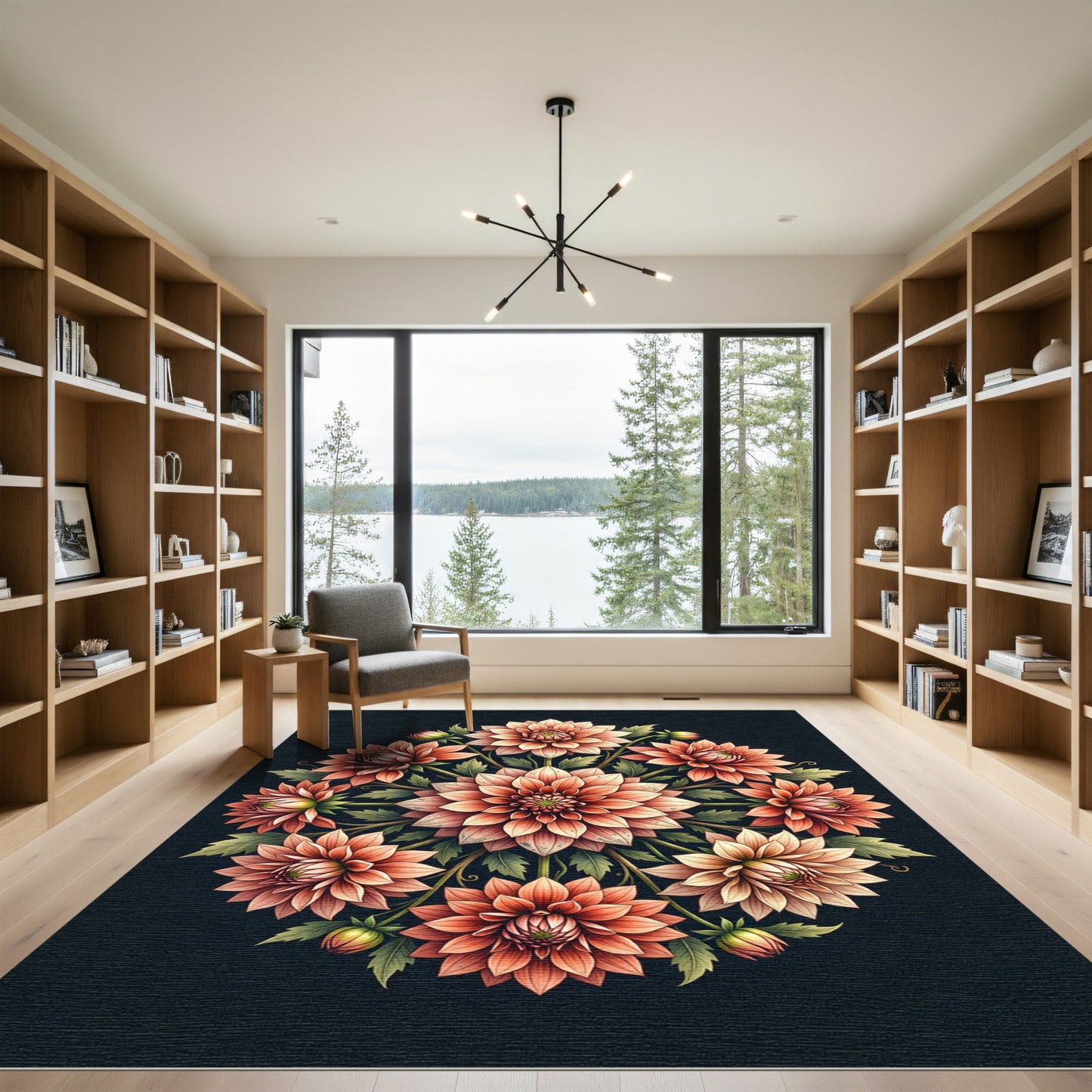Coral Dahlia Floral Mandala Medallion Rug