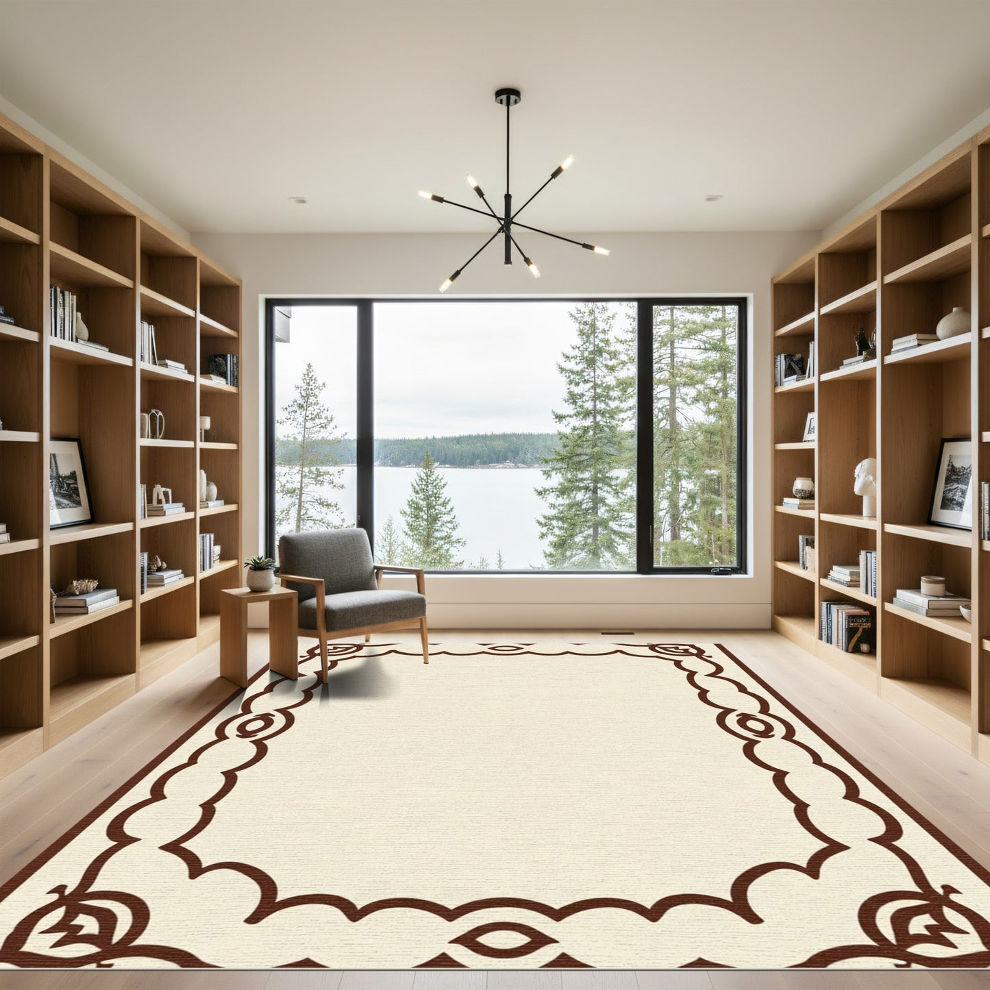 Rich Brown Scalloped Border Leaf Accents Rug