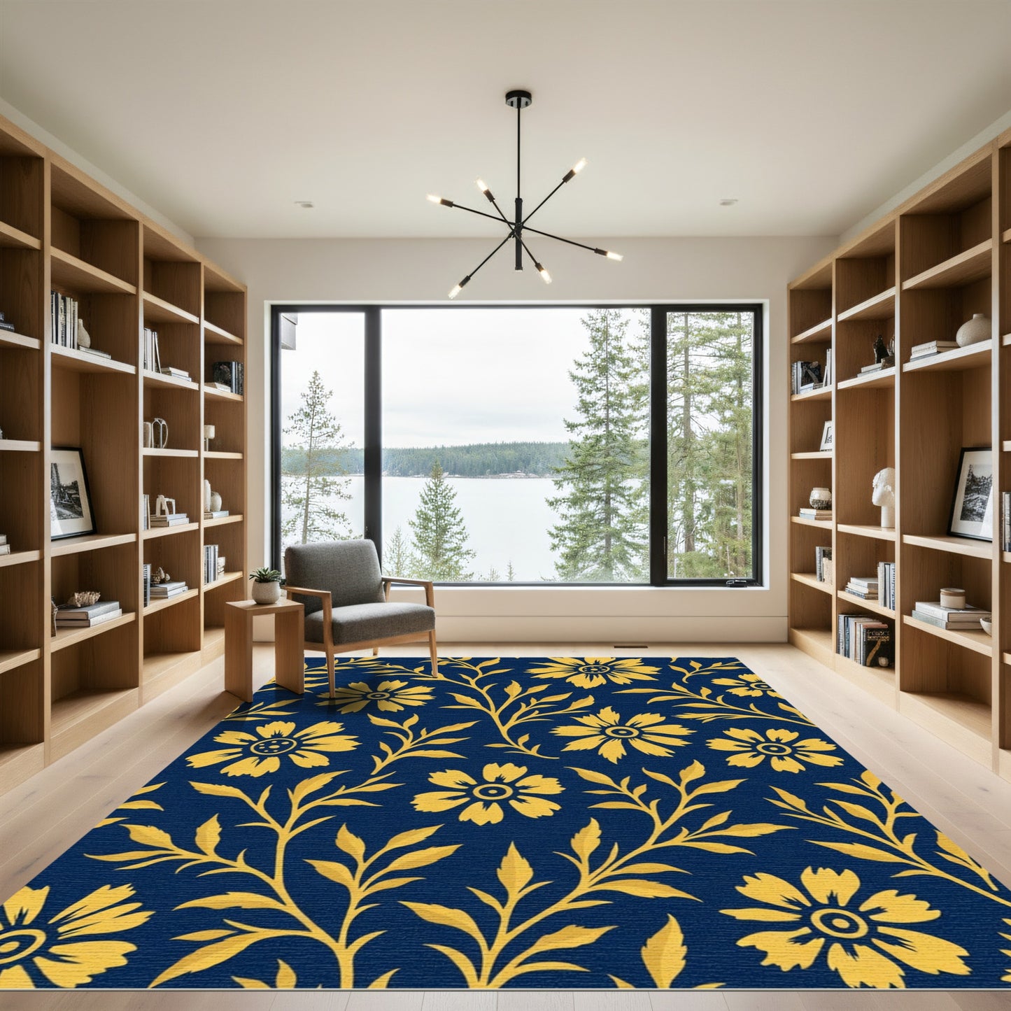 Golden Floral Branches Navy Blue Rug