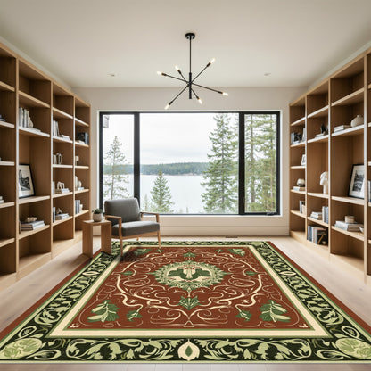 Rustic Red Green Floral Medallion Rug