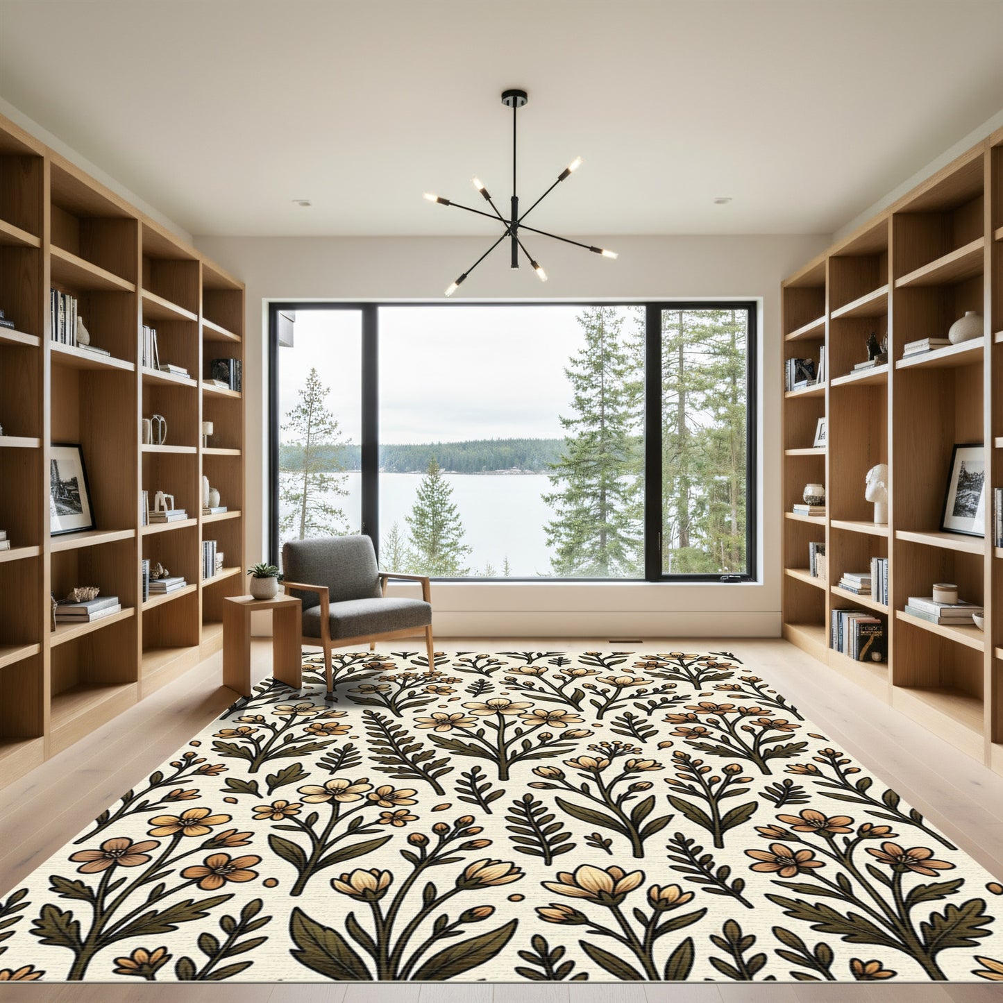 Golden Beige Floral Branch Pattern Rug