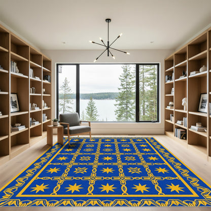 Royal Blue Gold Star Medallion Stripe Rug