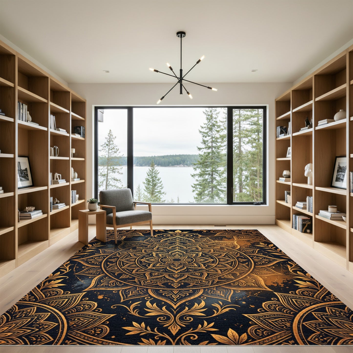 Golden Mandala Medallion on Midnight Navy Rug